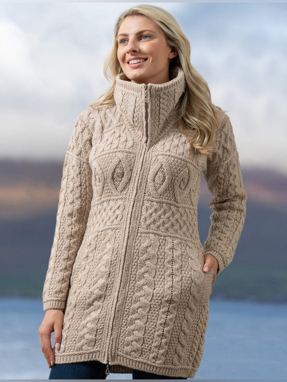 ARAN Crafts Double Collar Sweater Coat 100% Merino Wool Size Medium Oatmeal